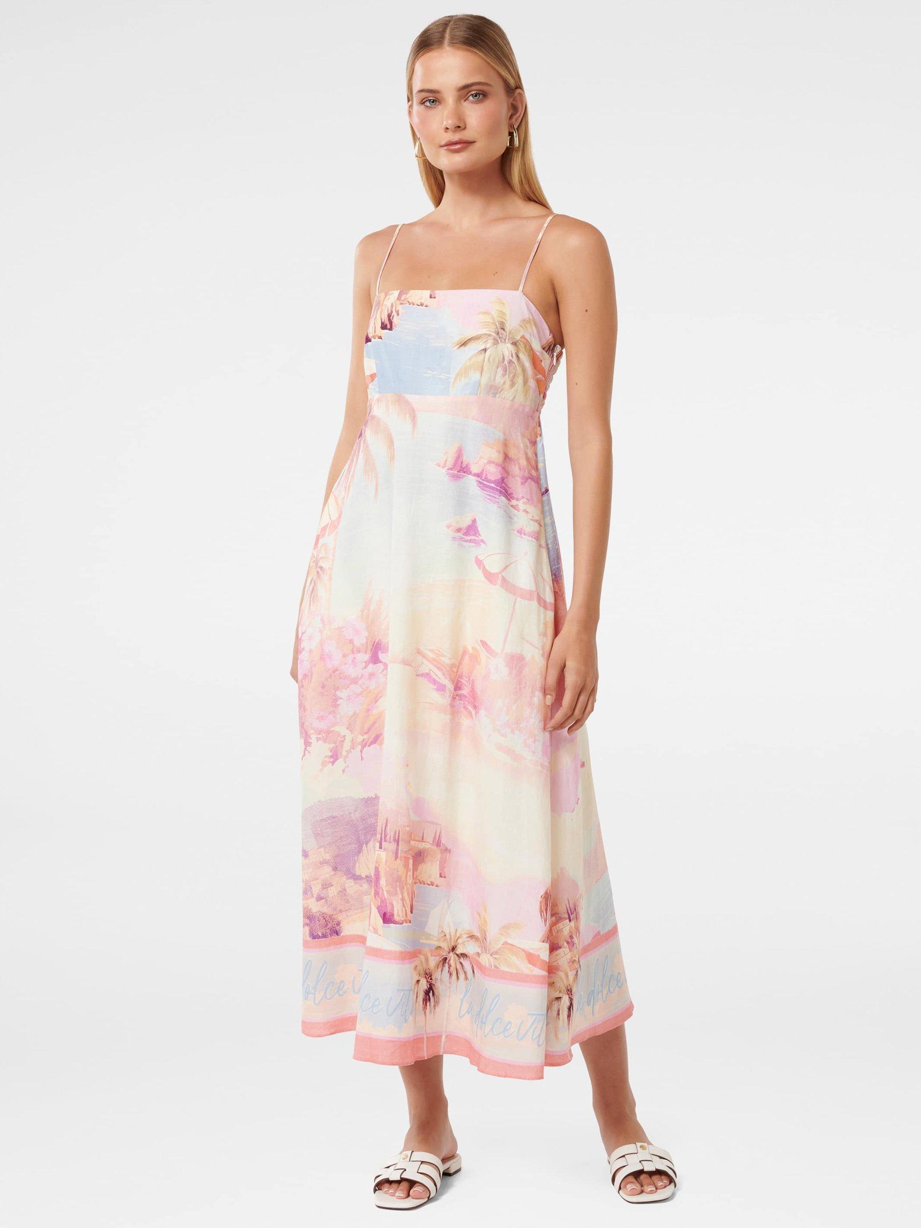 Product image 1 of 4, which shows Forever New Joanne Linen Blend Midi Dress, Pink/Multi, 4