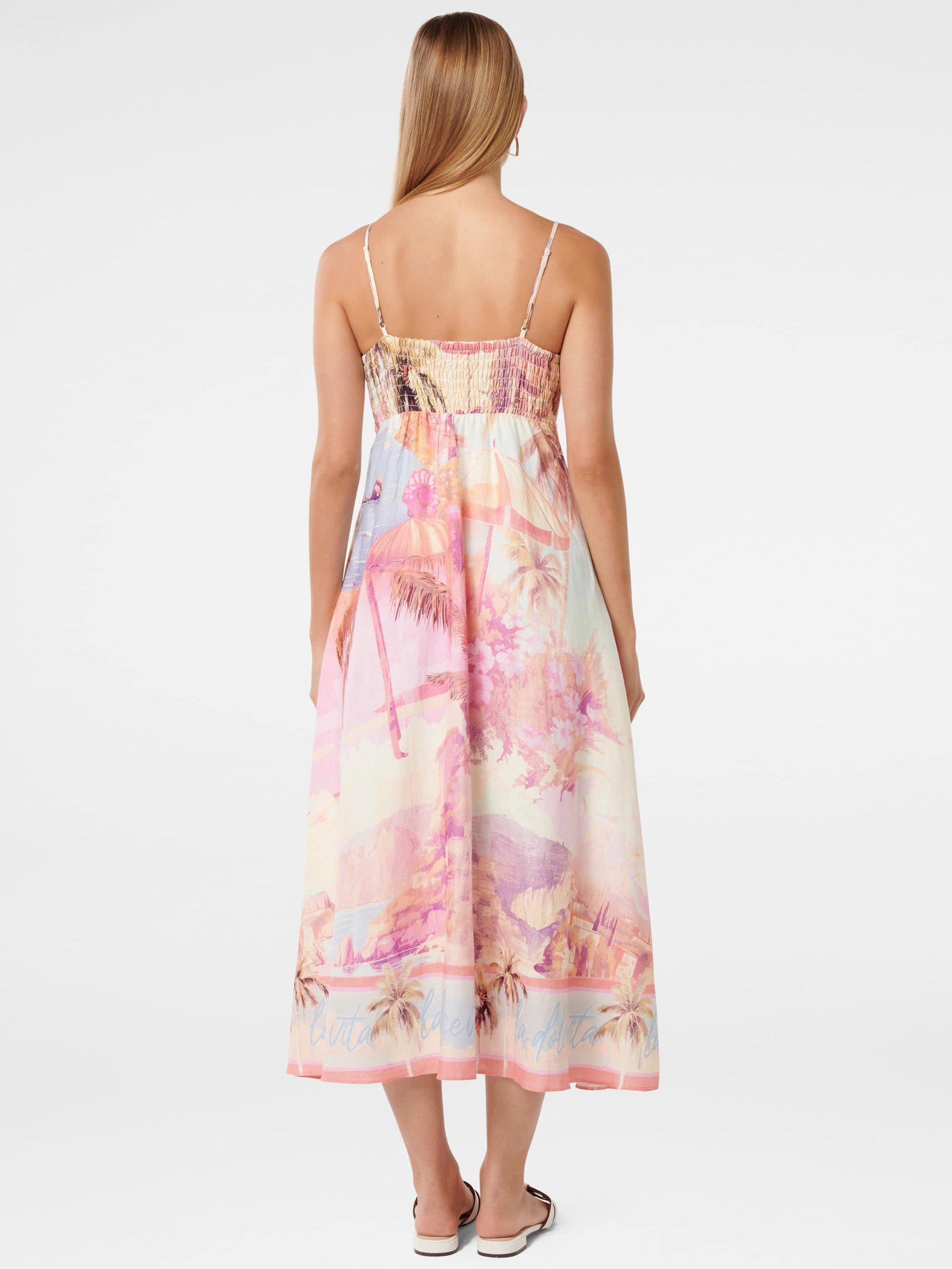 Product image 2 of 4, which shows Forever New Joanne Linen Blend Midi Dress, Pink/Multi, 4
