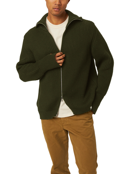 Peregrine Fisherman Zip Front Wool Cardigan, Olive