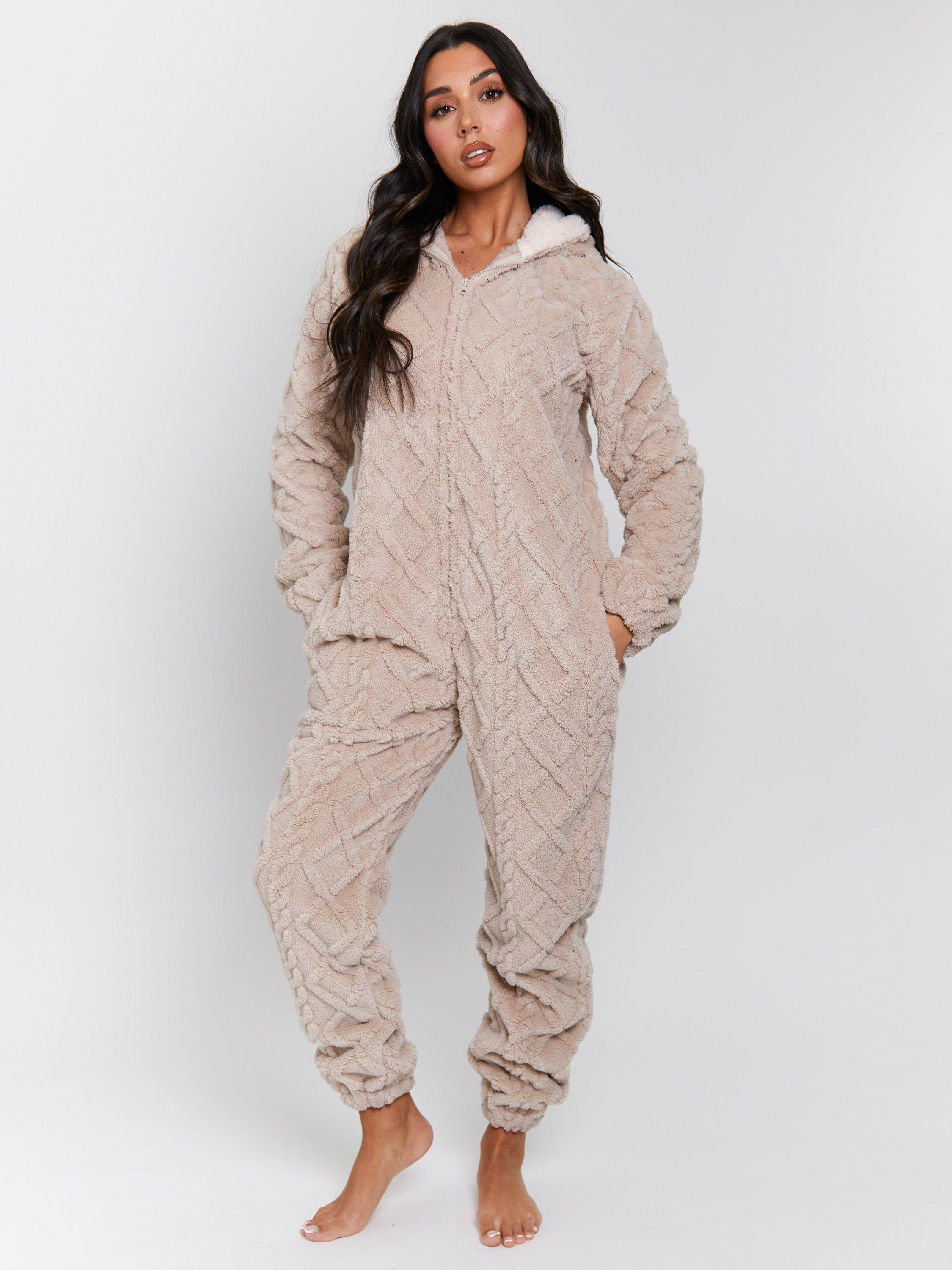 Product image 1 of 5, which shows Loungeable Cable Cutwork Onesie, Taupe, L
