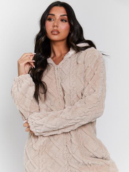 Loungeable Cable Cutwork Onesie, Taupe - view 2, Taupe