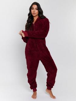 Loungeable Cable Cutwork Hooded Onesie, Burgundy, Burgundy