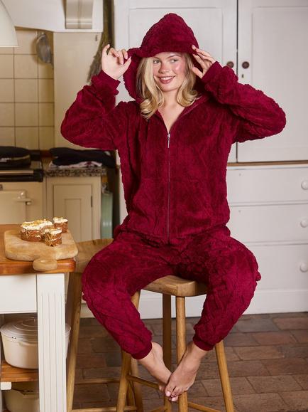 Loungeable Cable Cutwork Hooded Onesie, Burgundy - view 2, Burgundy