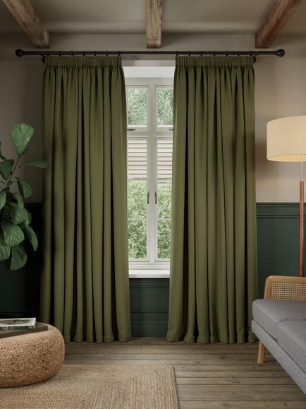 John Lewis Rustic Basketweave Pair Blackout Lined Pencil Pleat Curtains - view 2, Avocado Green