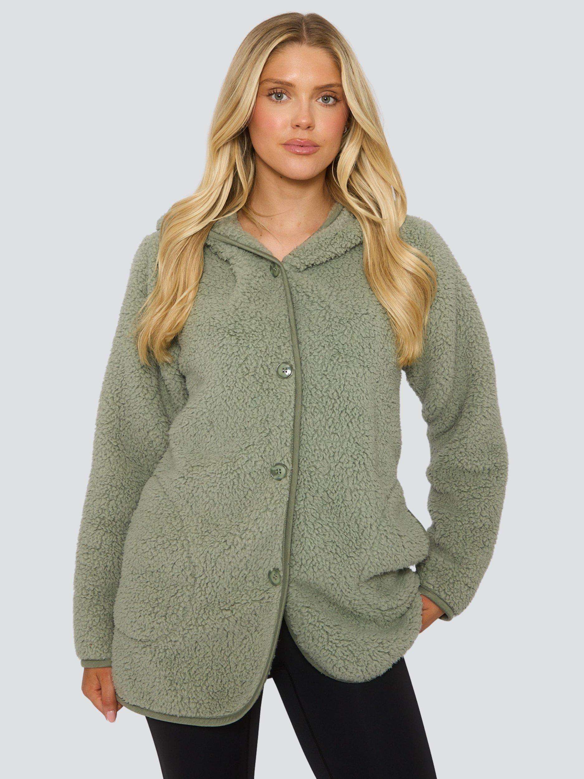 Product image 1 of 5, which shows Loungeable Borg Button Lounge Hooded Cardigan, Green, L