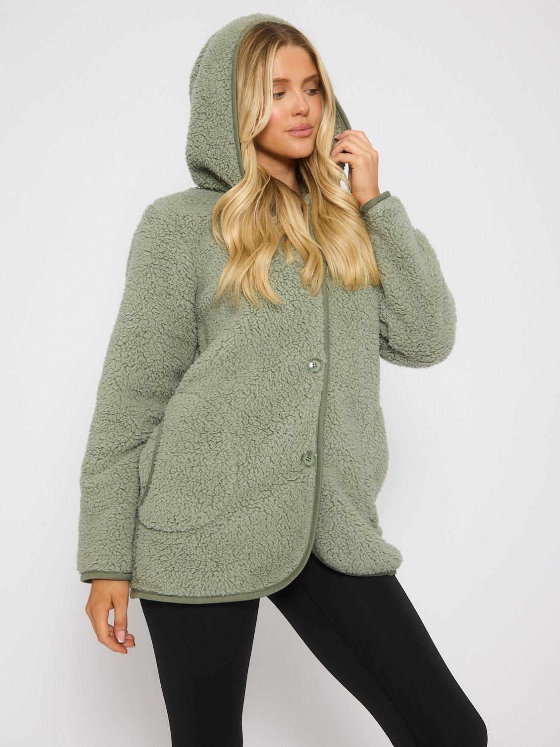 Product image 3 of 5, which shows Loungeable Borg Button Lounge Hooded Cardigan, Green, L