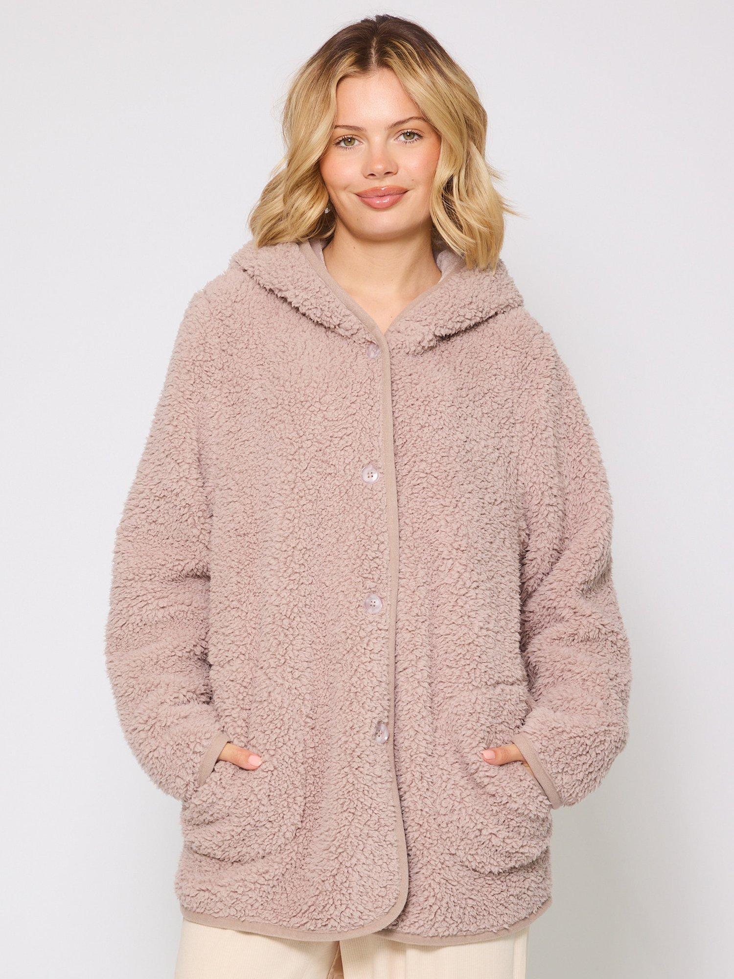Product image 1 of 5, which shows Loungeable Borg Button Lounge Hooded Cardigan, Mink, S