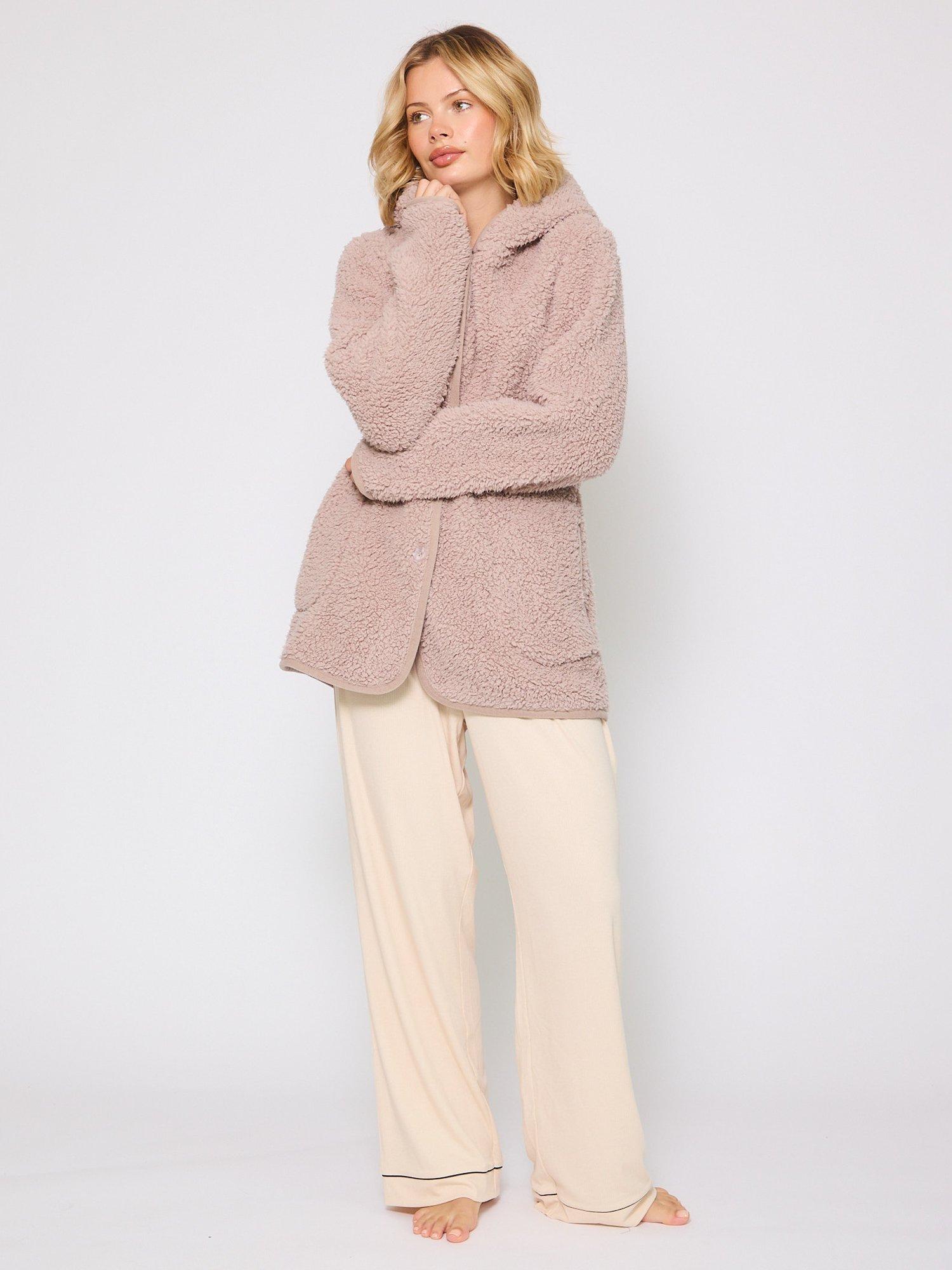 Product image 4 of 5, which shows Loungeable Borg Button Lounge Hooded Cardigan, Mink, S