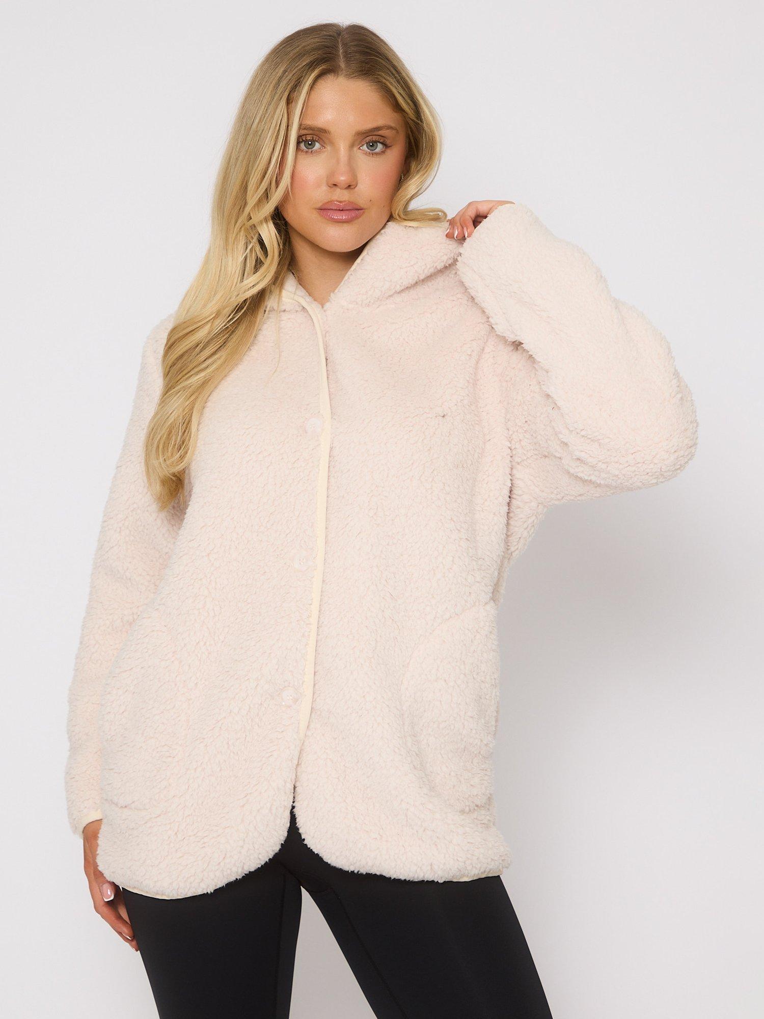 Product image 1 of 5, which shows Loungeable Borg Button Lounge Hooded Cardigan, Vanilla, S