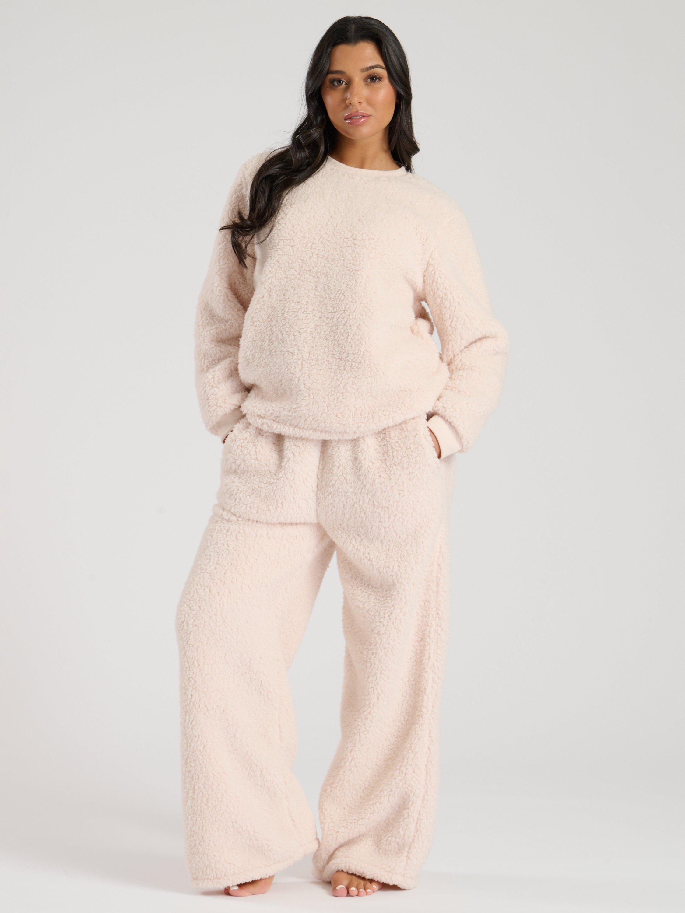 Product image 1 of 4, which shows Loungeable Borg Jumper & Trousers Lounge Set, Cream, S