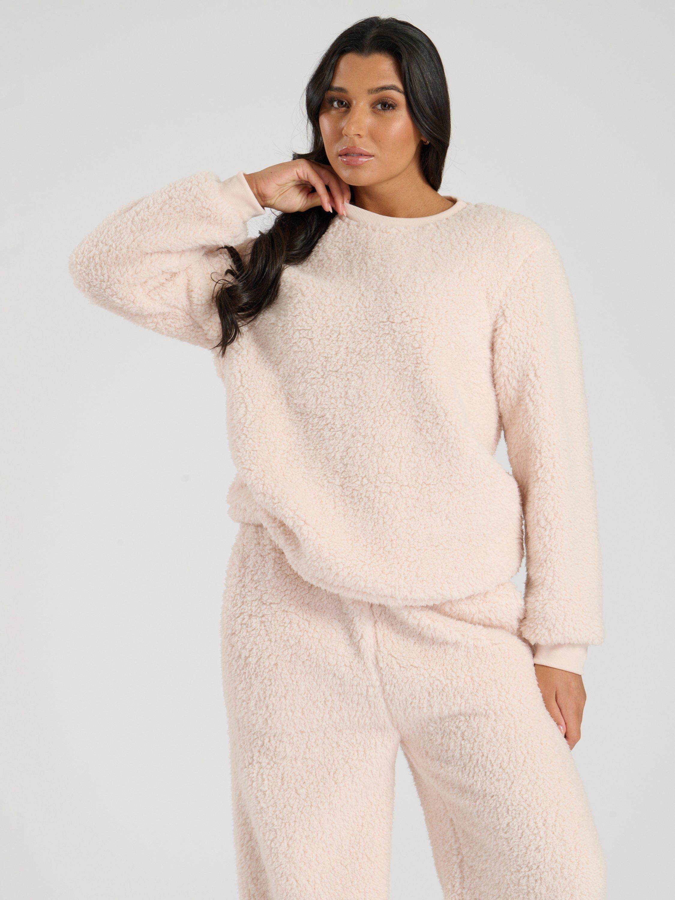 Product image 2 of 4, which shows Loungeable Borg Jumper & Trousers Lounge Set, Cream, S