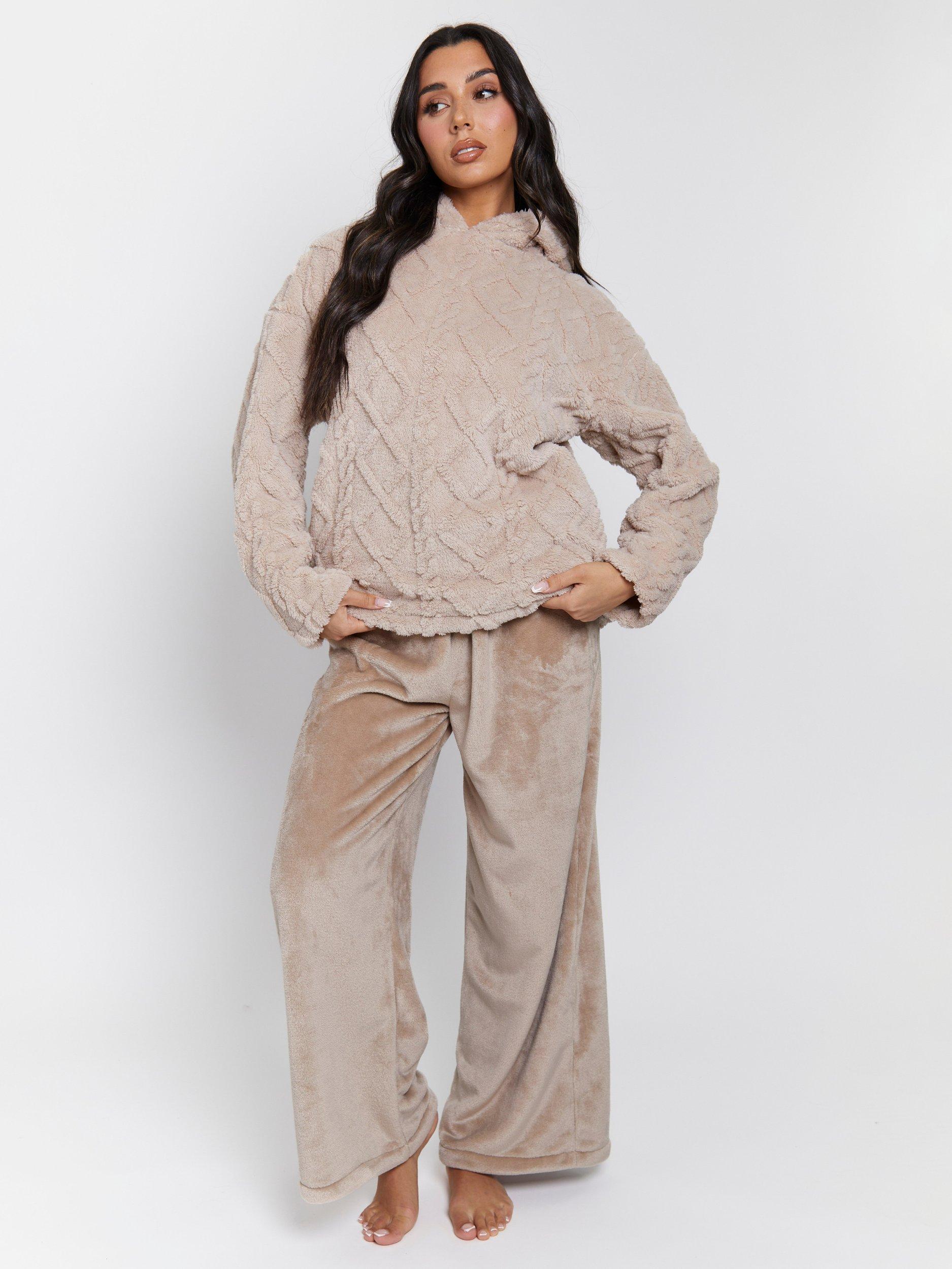 Product image 1 of 6, which shows Loungeable Cable Cutwork Hoodie & Trousers Set, Taupe, L