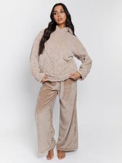 Loungeable Cable Cutwork Hoodie & Trousers Set, Taupe, Taupe