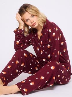 Loungeable Hot Latte Long Sleeved Button Down Pyjamas, Burgundy, Burgundy