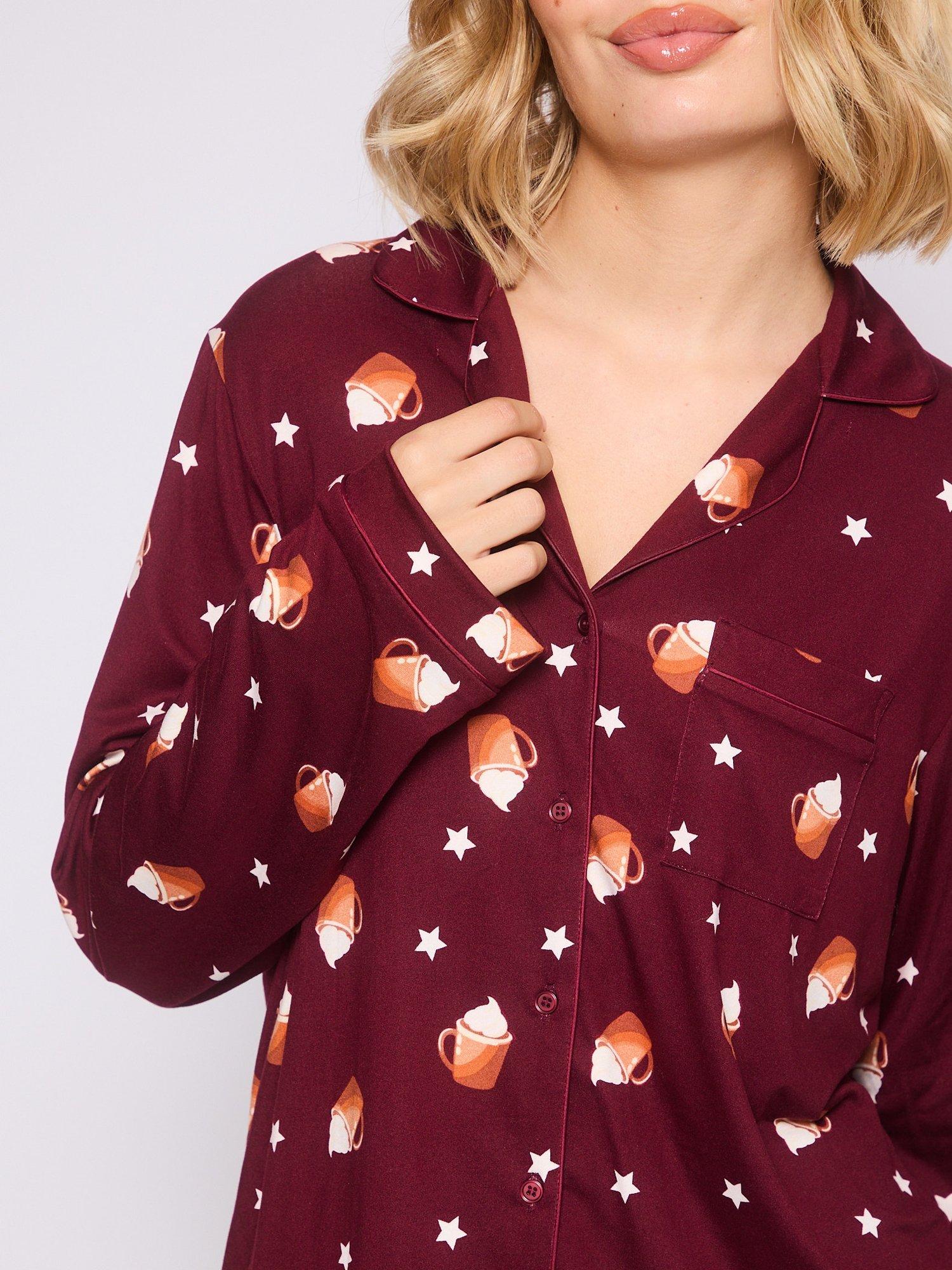 Product image 4 of 5, which shows Loungeable Hot Latte Long Sleeved Button Down Pyjamas, Burgundy, L