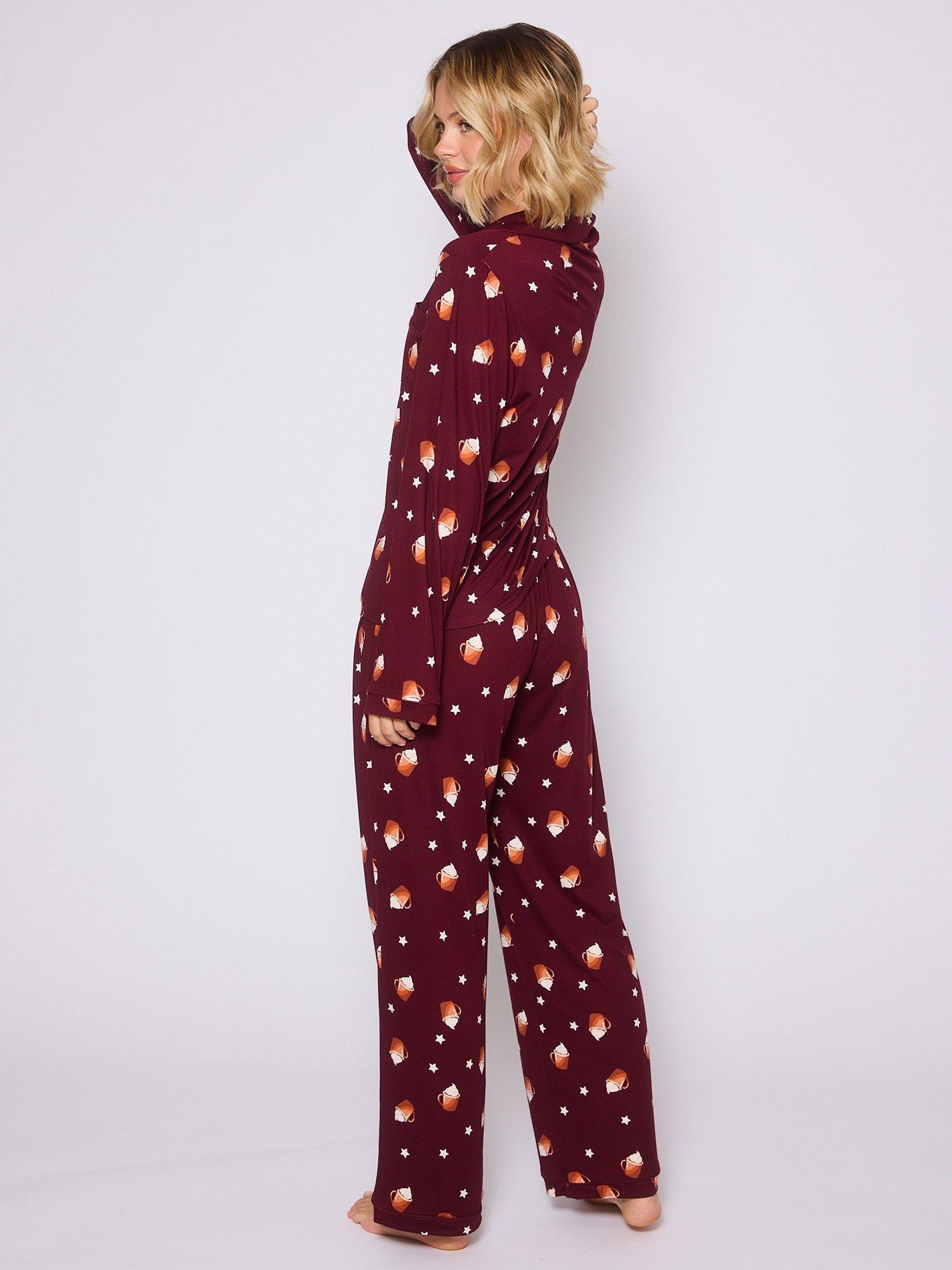 Product image 5 of 5, which shows Loungeable Hot Latte Long Sleeved Button Down Pyjamas, Burgundy, L