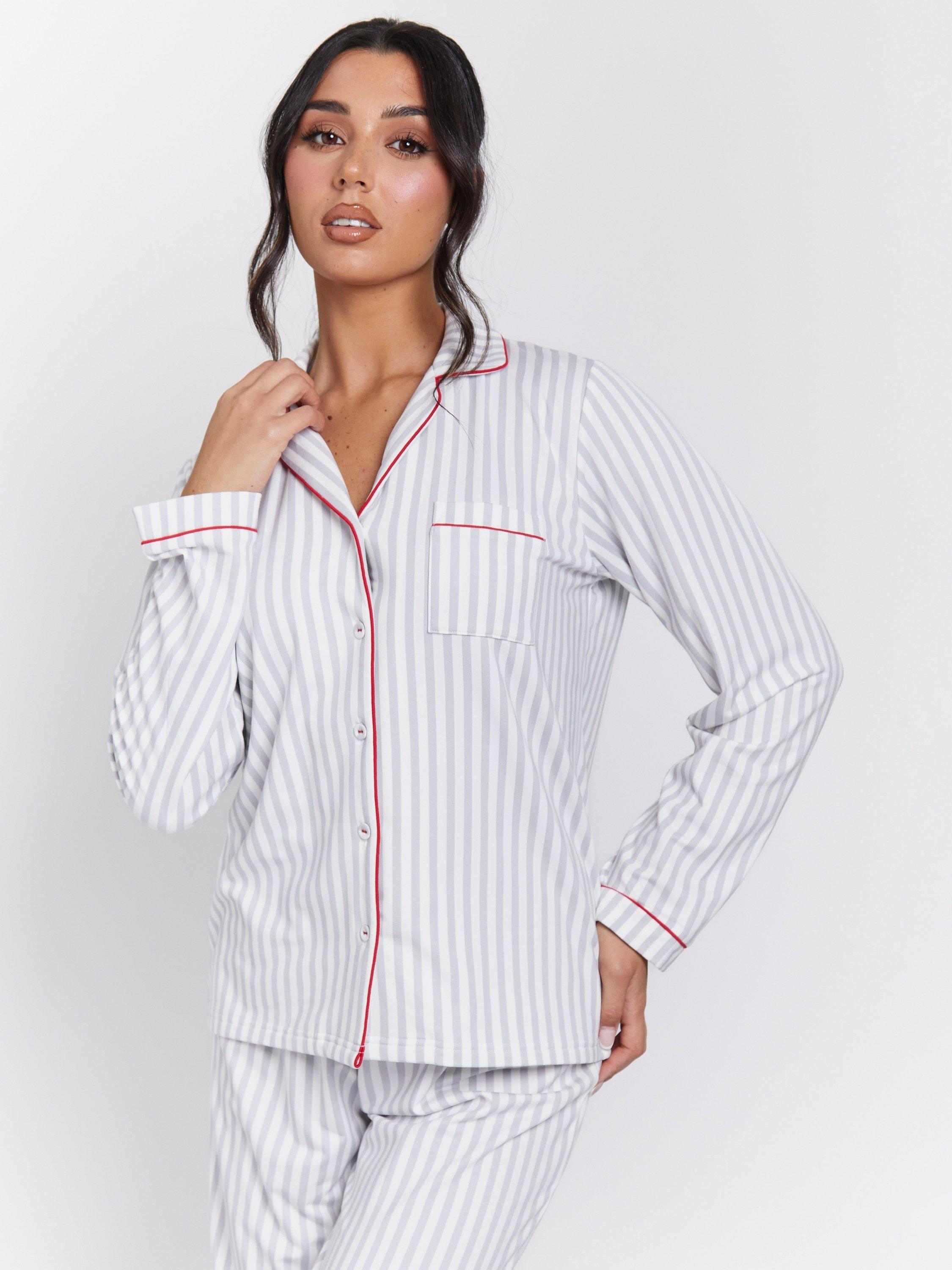 Product image 2 of 5, which shows Loungeable Stripe Contrast Trim Long Pyjama Set, Grey, L