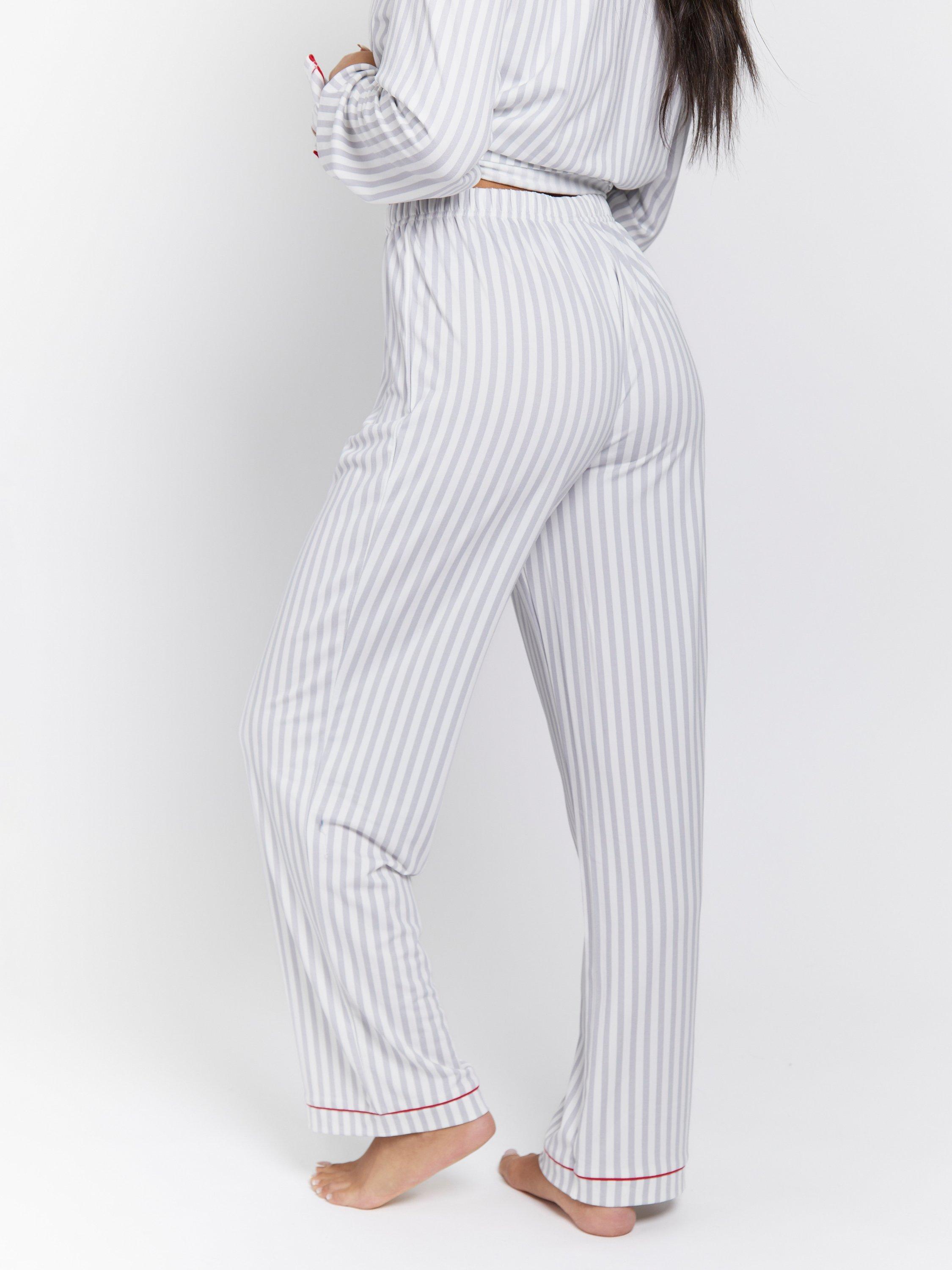 Product image 4 of 5, which shows Loungeable Stripe Contrast Trim Long Pyjama Set, Grey, L