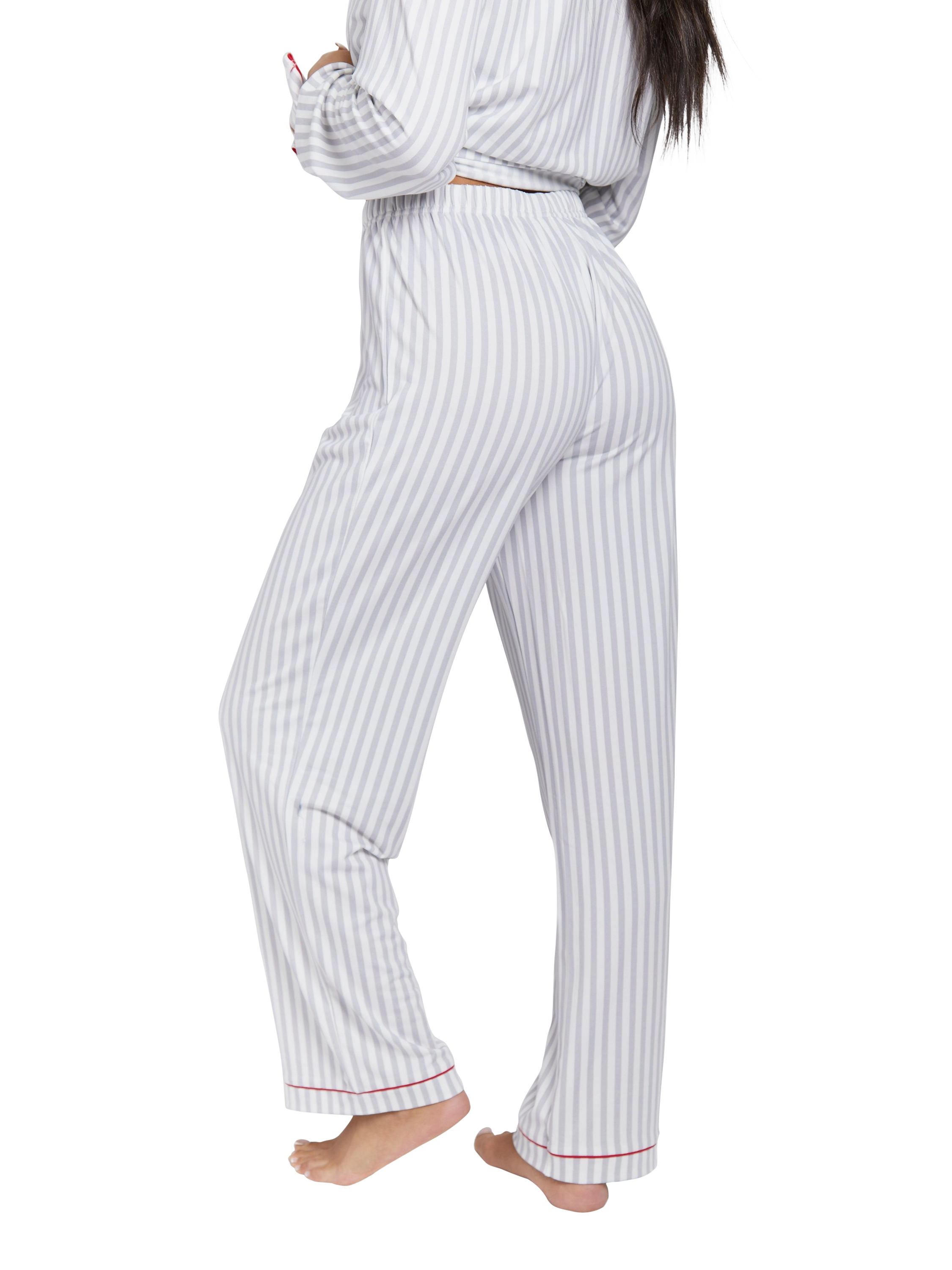 Product image 5 of 5, which shows Loungeable Stripe Contrast Trim Long Pyjama Set, Grey, L
