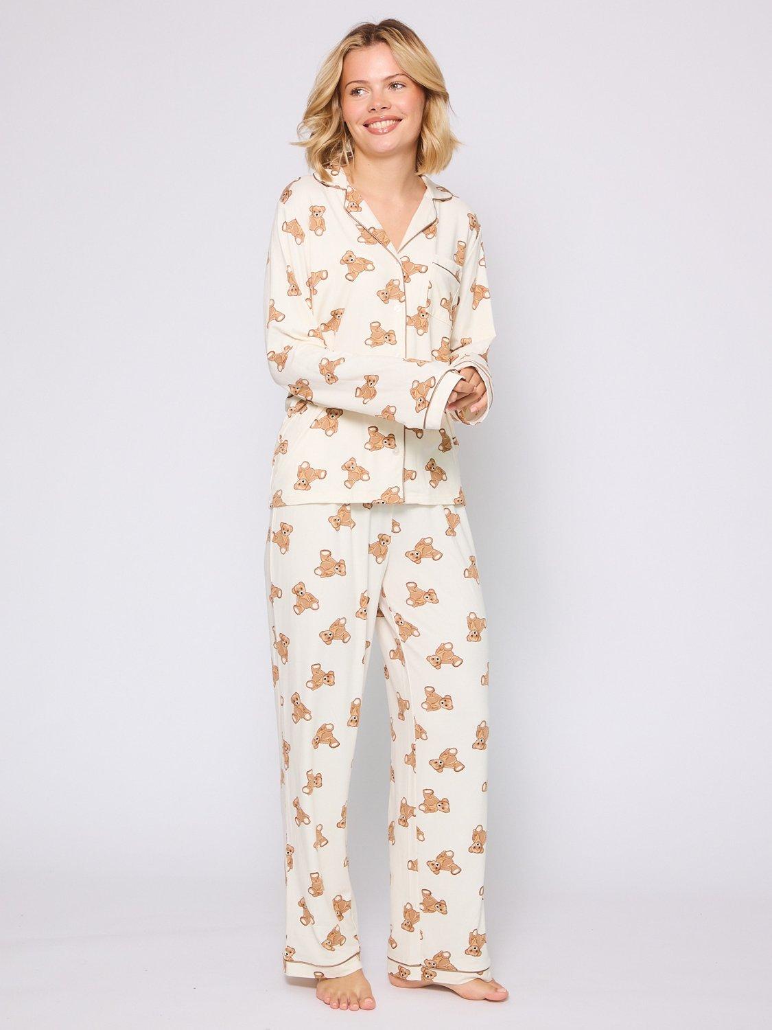 Product image 1 of 5, which shows Loungeable Teddy Bear Long Pyjama Set, Cream, L