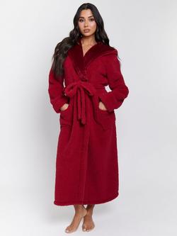 Loungeable Sherpa Hooded Dressing Gown, Mink, Burgundy