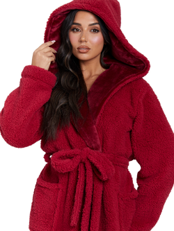 Loungeable Sherpa Hooded Dressing Gown, Mink - view 2, Burgundy