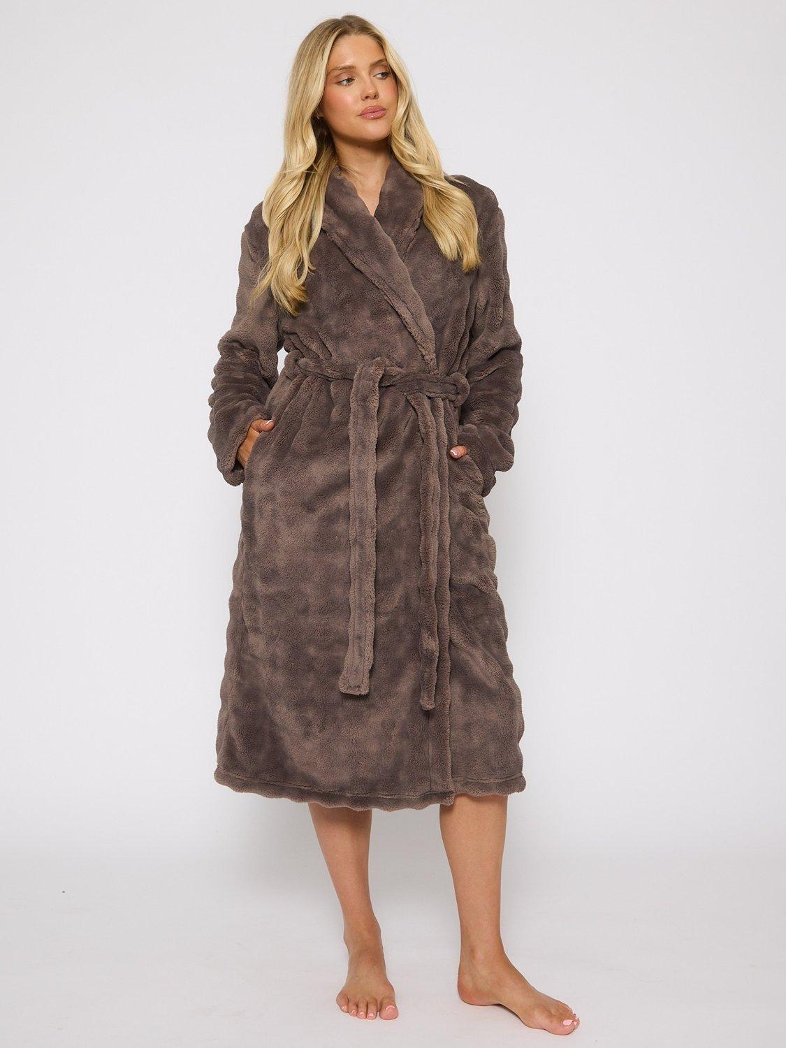 Product image 1 of 4, which shows Loungeable Bubble Cut Fleece Dressing Gown, Mocha, S