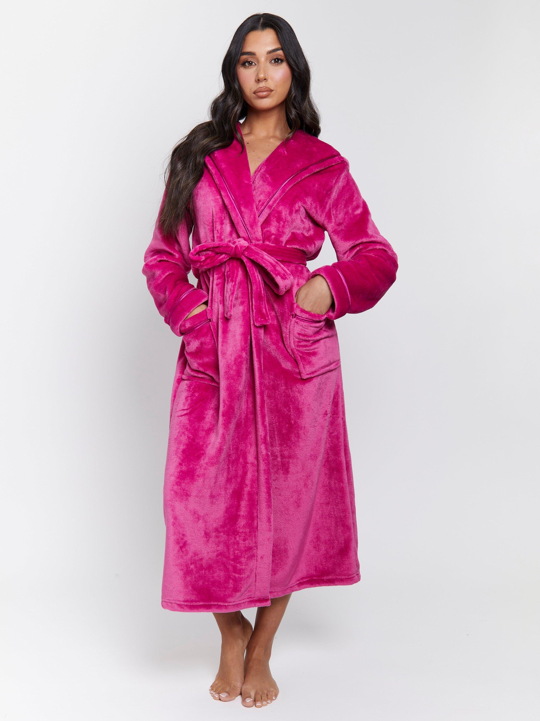 Product image 1 of 5, which shows Loungeable Ribbon Trim Fleece Dressing Gown, Pink, S