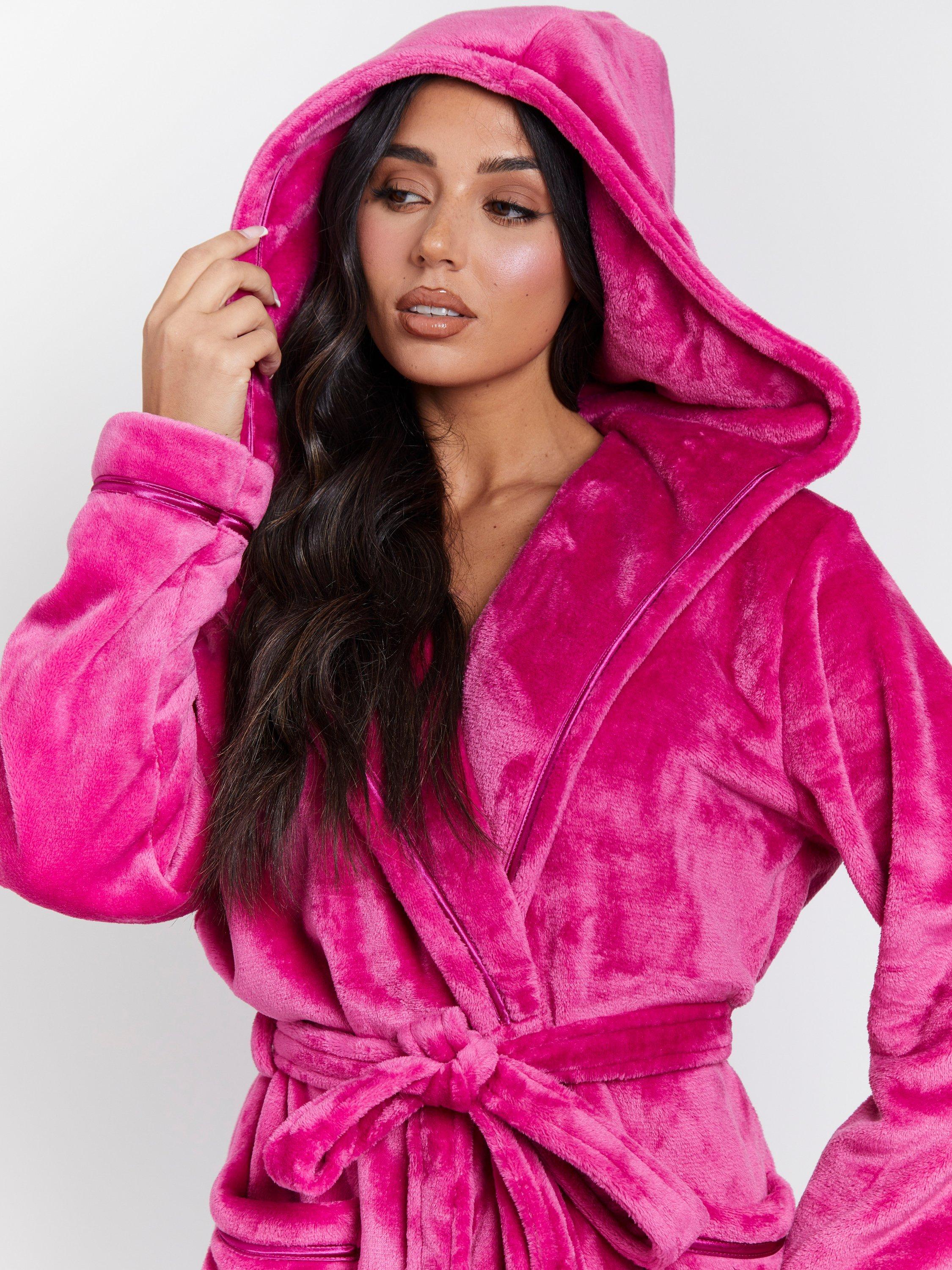 Product image 3 of 5, which shows Loungeable Ribbon Trim Fleece Dressing Gown, Pink, S