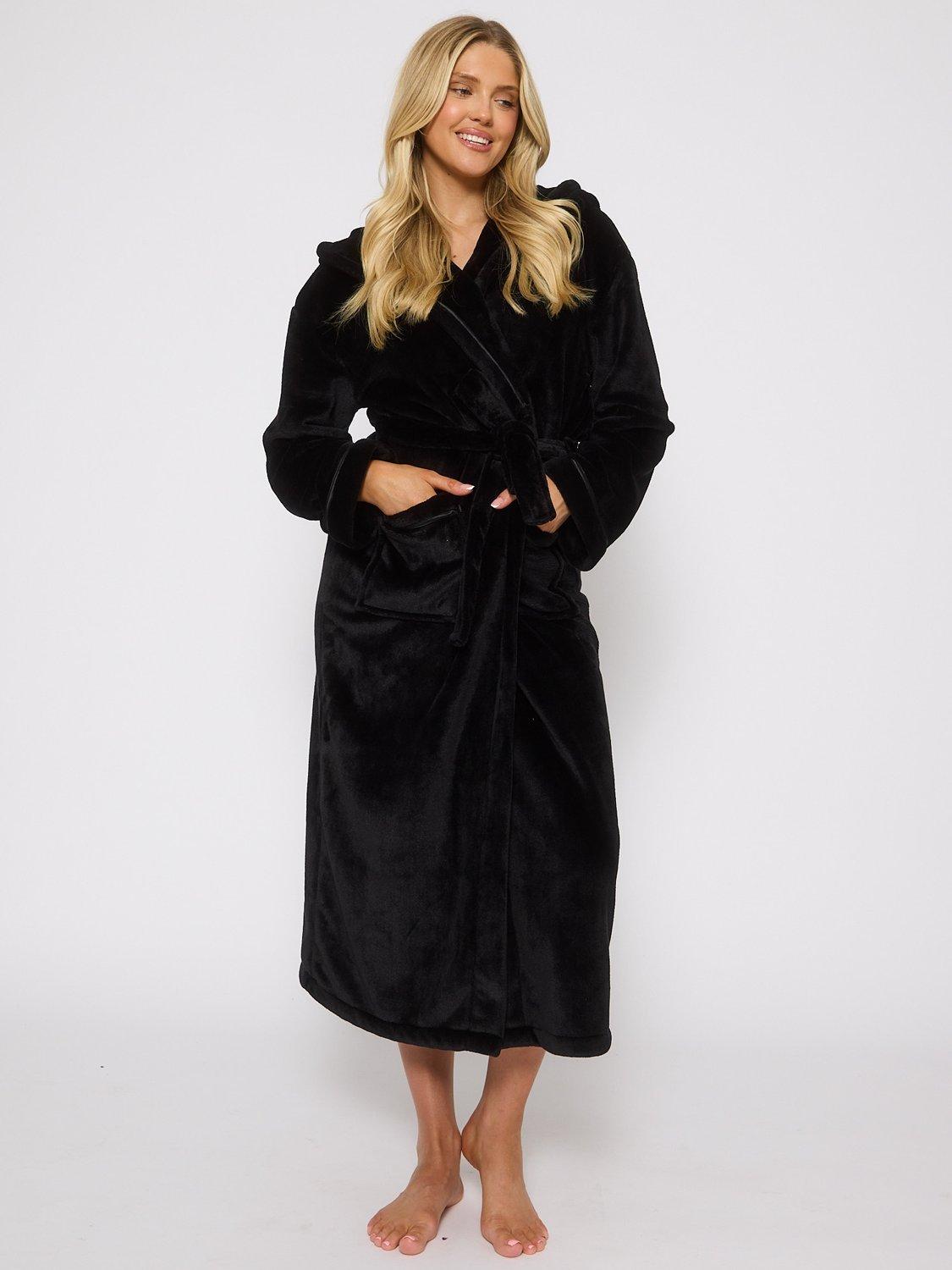 Product image 1 of 5, which shows Loungeable Ribbon Trim Fleece Dressing Gown, Black, L