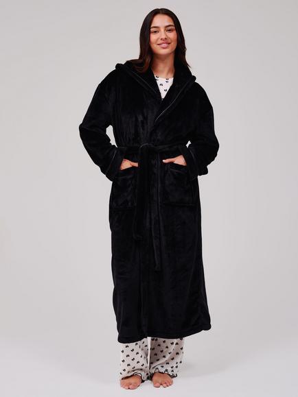 Loungeable Ribbon Trim Fleece Dressing Gown, Black