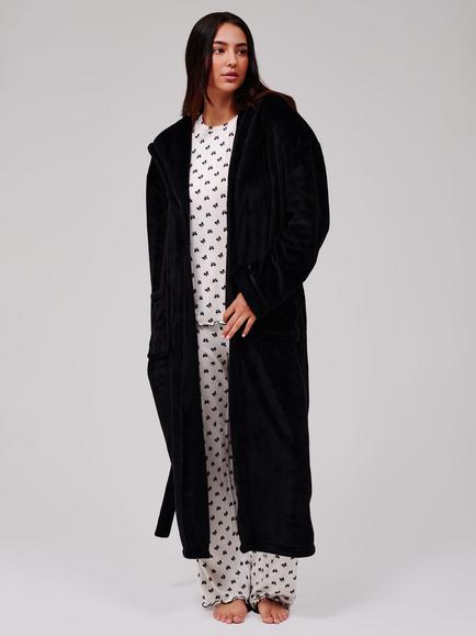 Loungeable Ribbon Trim Fleece Dressing Gown - view 2, Black