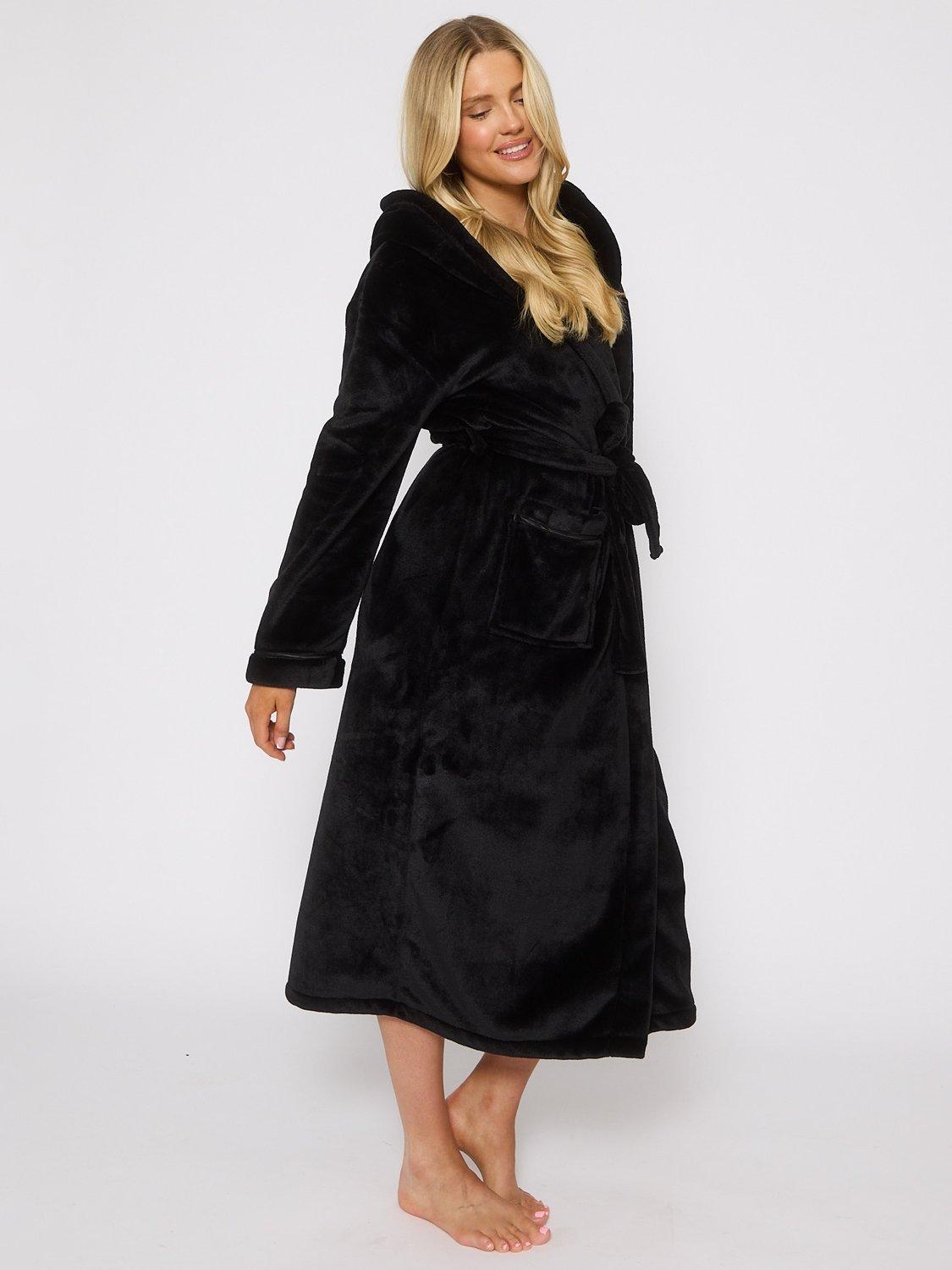 Product image 3 of 5, which shows Loungeable Ribbon Trim Fleece Dressing Gown, Black, L