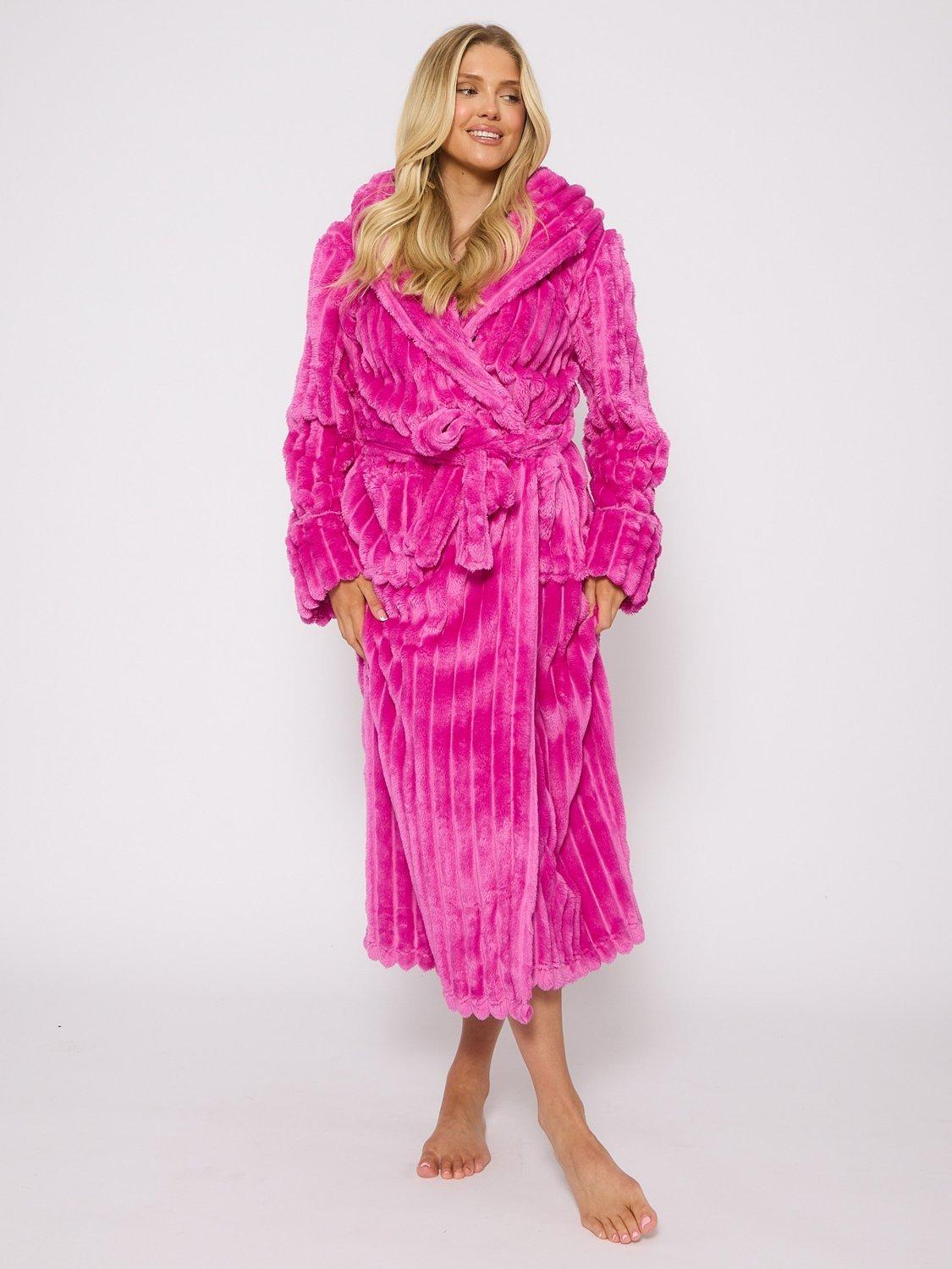 Product image 1 of 5, which shows Loungeable Plush Luxury Hooded Dressing Gown, Pink, L