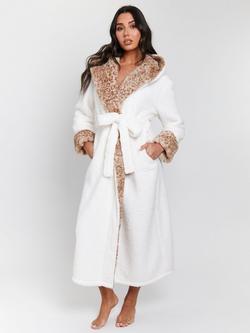 Loungeable Leopard Print Faux Fur Trim Dressing Gown, Cream, Cream