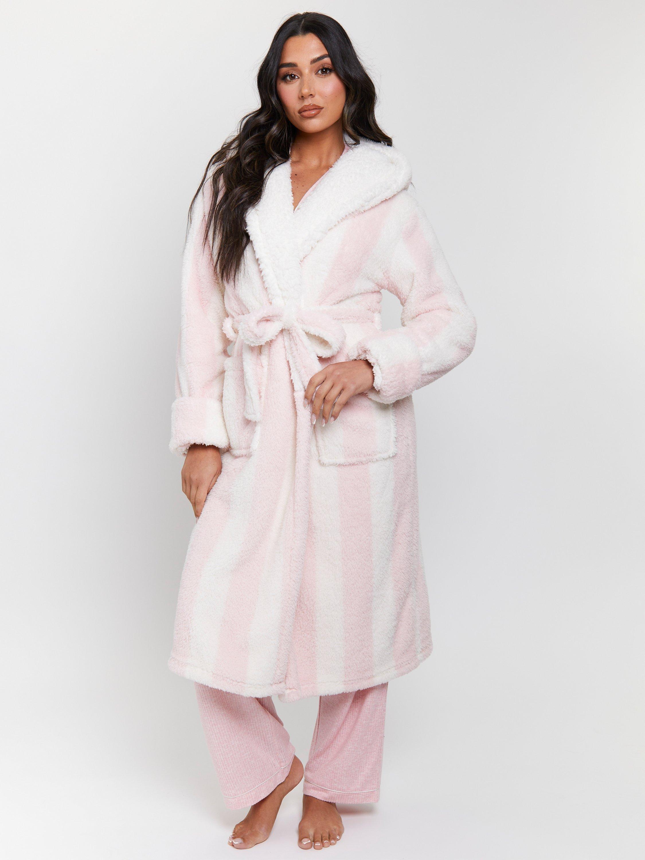 Product image 1 of 5, which shows Loungeable Chunky Sherpa Stripe Dressing Gown, Pink, S