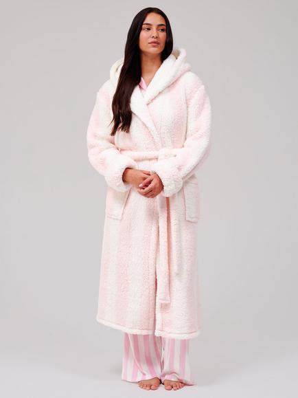 Loungeable Chunky Sherpa Stripe Dressing Gown, Pink
