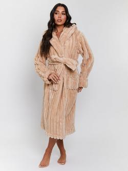 Loungeable Plush Ridged Fleece Dressing Gown, Beige, Beige