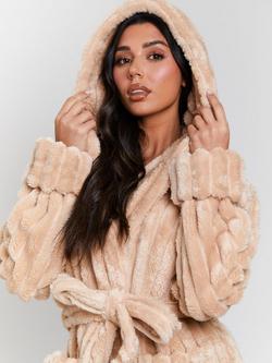 Loungeable Plush Ridged Fleece Dressing Gown, Beige - view 2, Beige
