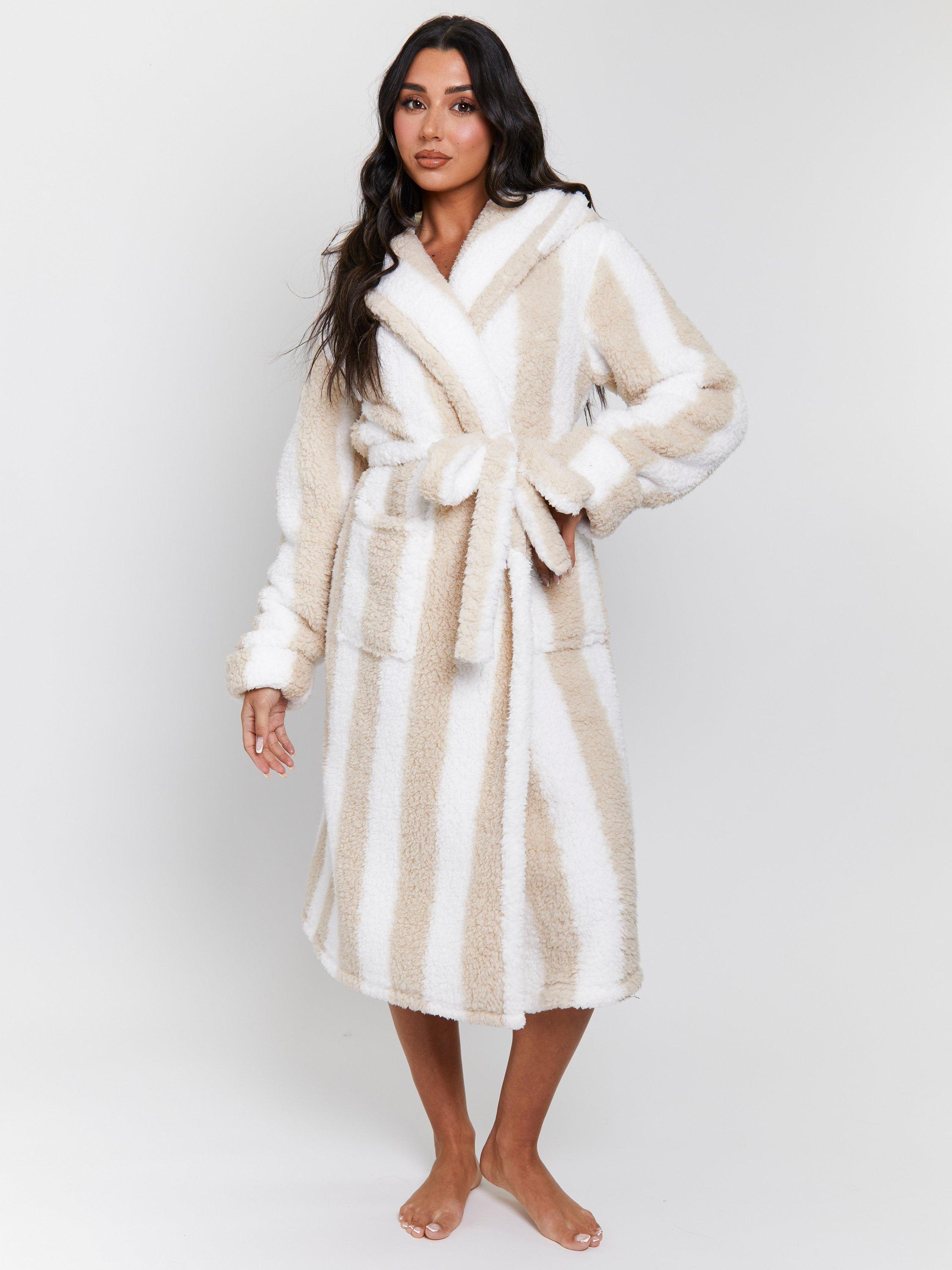 Product image 1 of 5, which shows Loungeable Chunky Sherpa Stripe Dressing Gown, Mink, L
