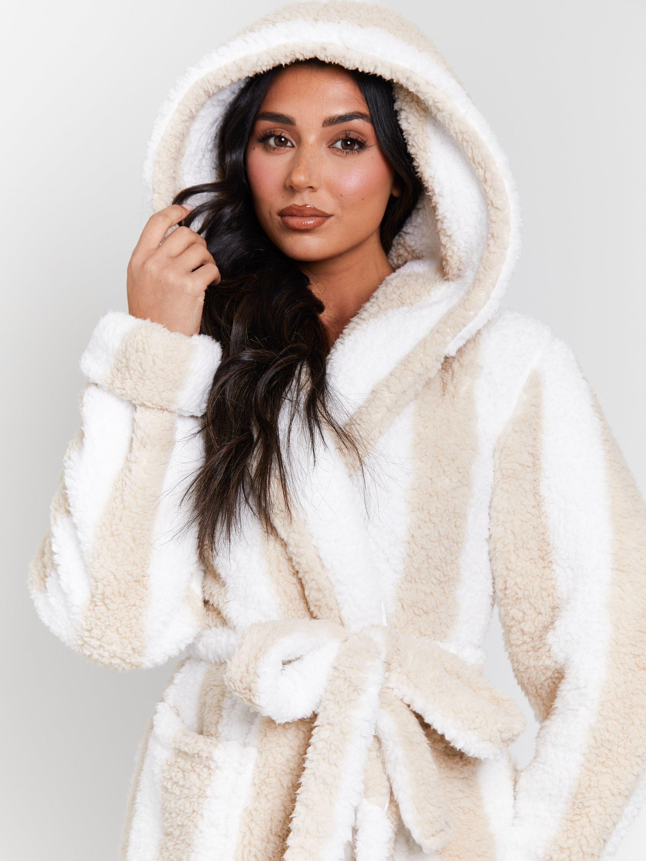 Product image 4 of 5, which shows Loungeable Chunky Sherpa Stripe Dressing Gown, Mink, L