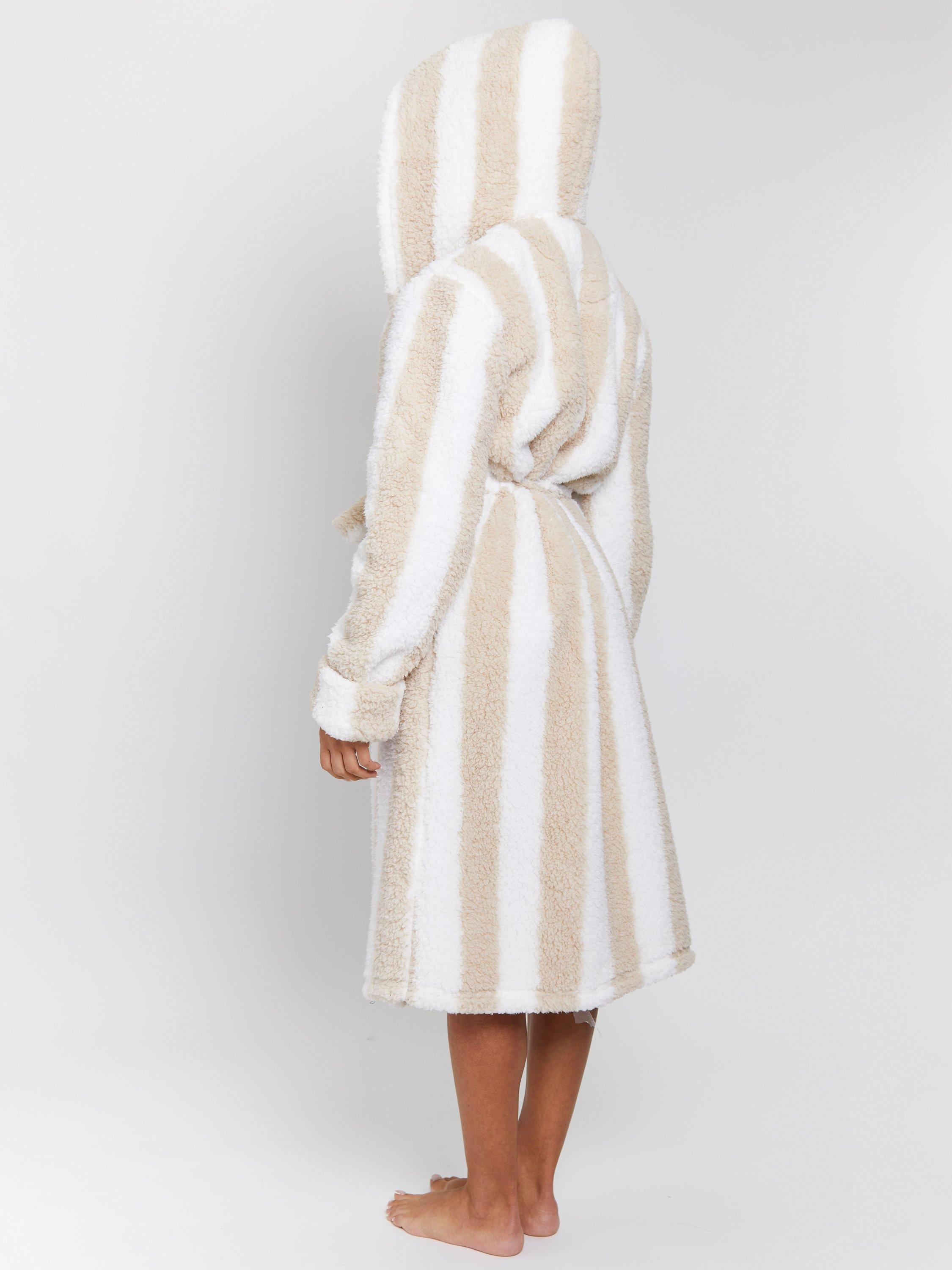Product image 5 of 5, which shows Loungeable Chunky Sherpa Stripe Dressing Gown, Mink, L
