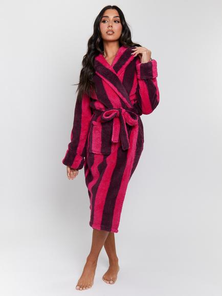 Loungeable Chunky Sherpa Stripe Dressing Gown, Purple
