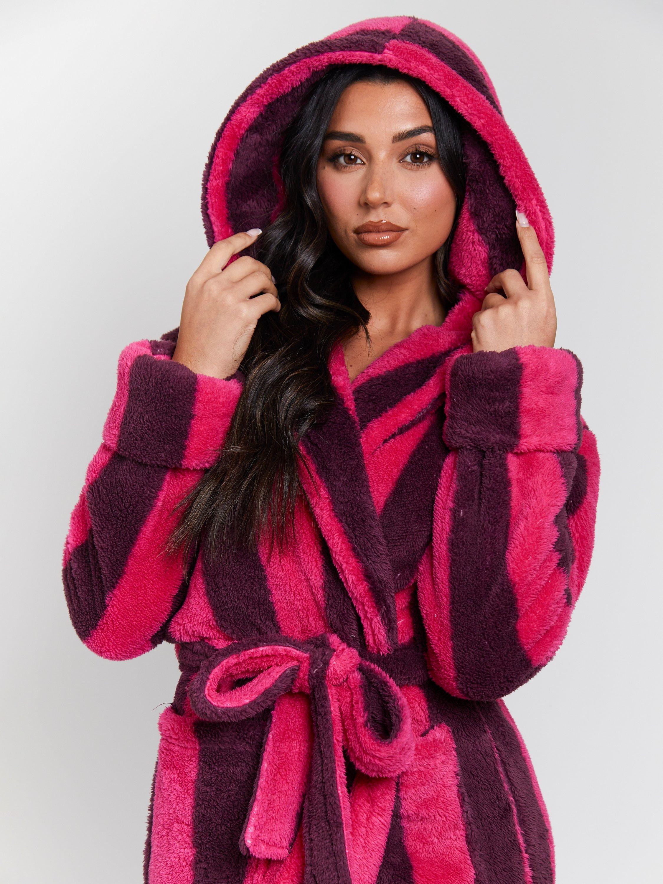 Product image 3 of 5, which shows Loungeable Chunky Sherpa Stripe Dressing Gown, Purple, S