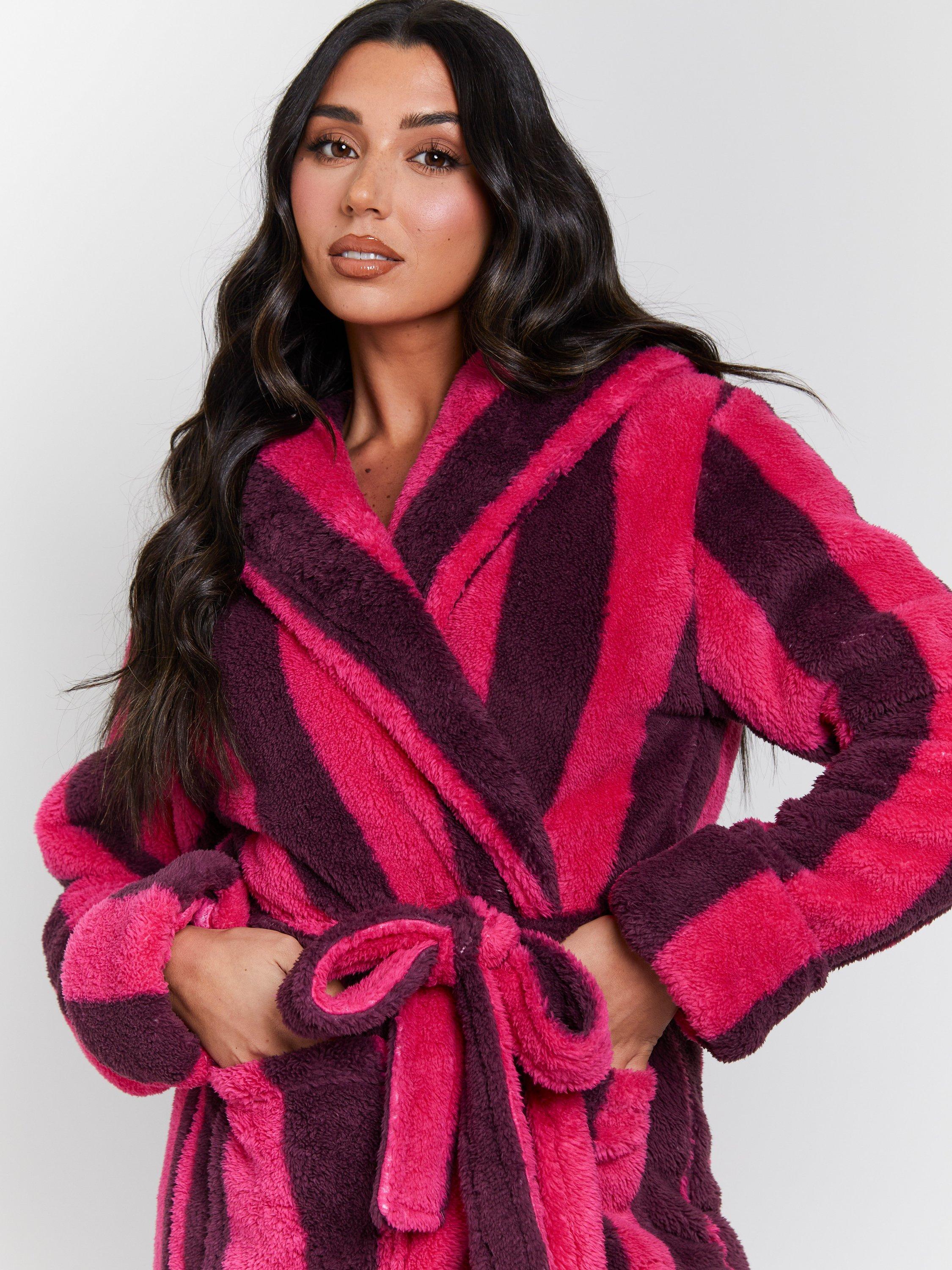 Product image 4 of 5, which shows Loungeable Chunky Sherpa Stripe Dressing Gown, Purple, S