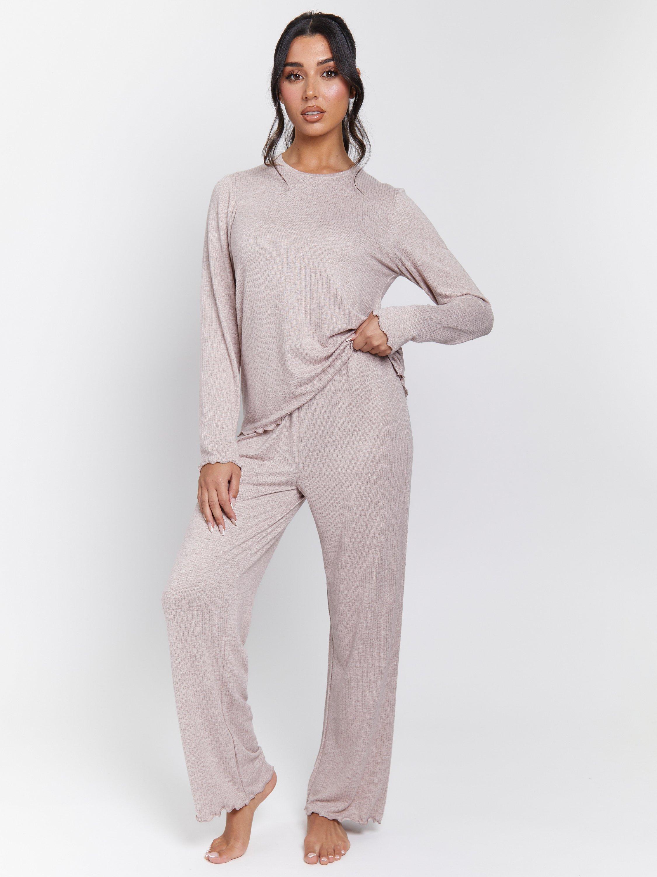 Product image 1 of 5, which shows Loungeable Marl Brushed Knit Rib Pyjama Set, Taupe, XS