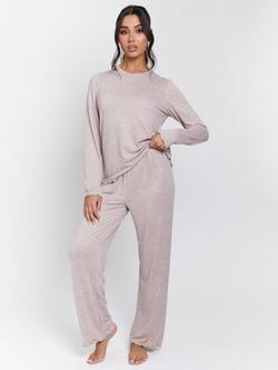 Loungeable Marl Brushed Knit Rib Pyjama Set, Taupe