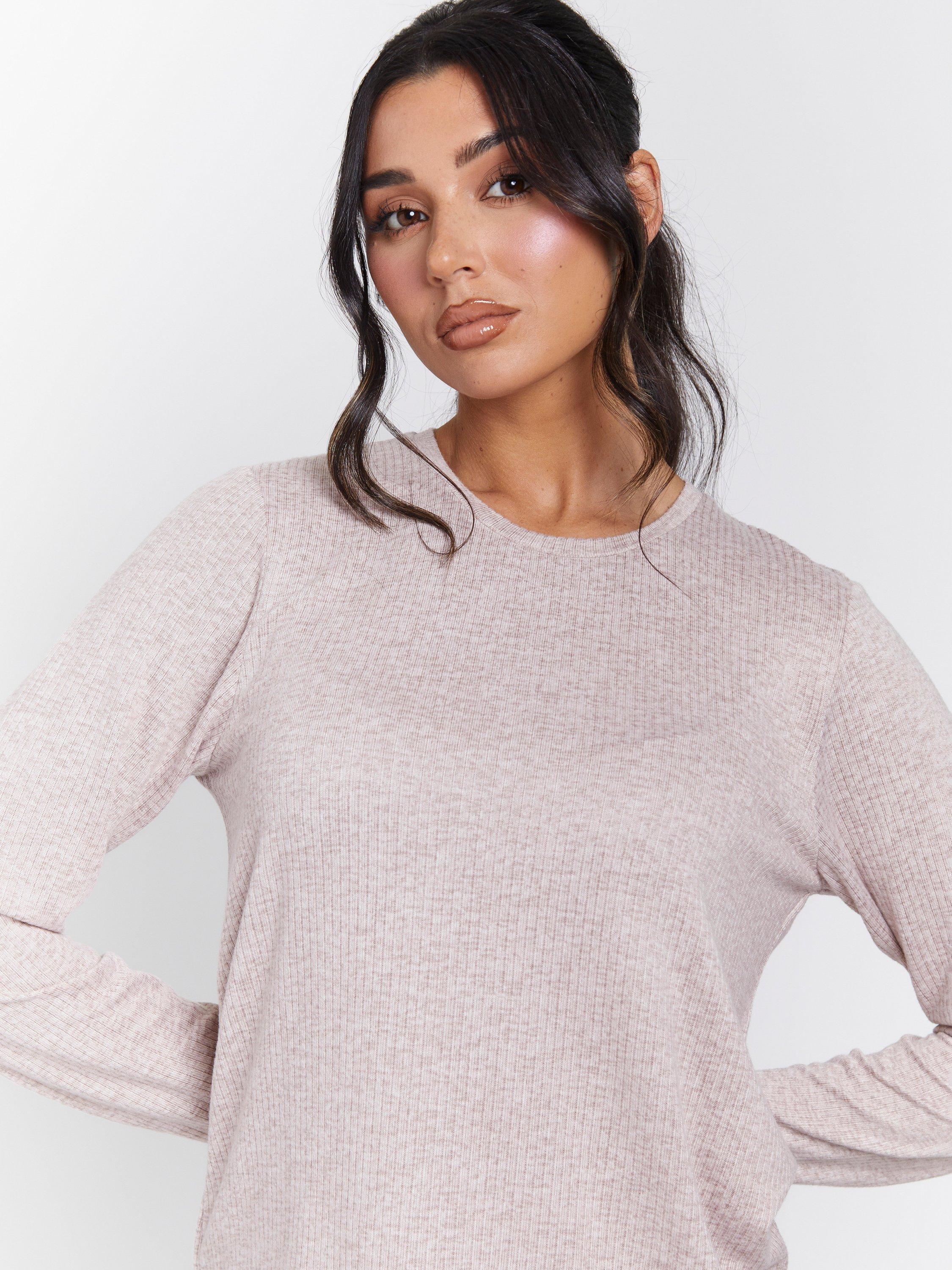 Product image 3 of 5, which shows Loungeable Marl Brushed Knit Rib Pyjama Set, Taupe, XS