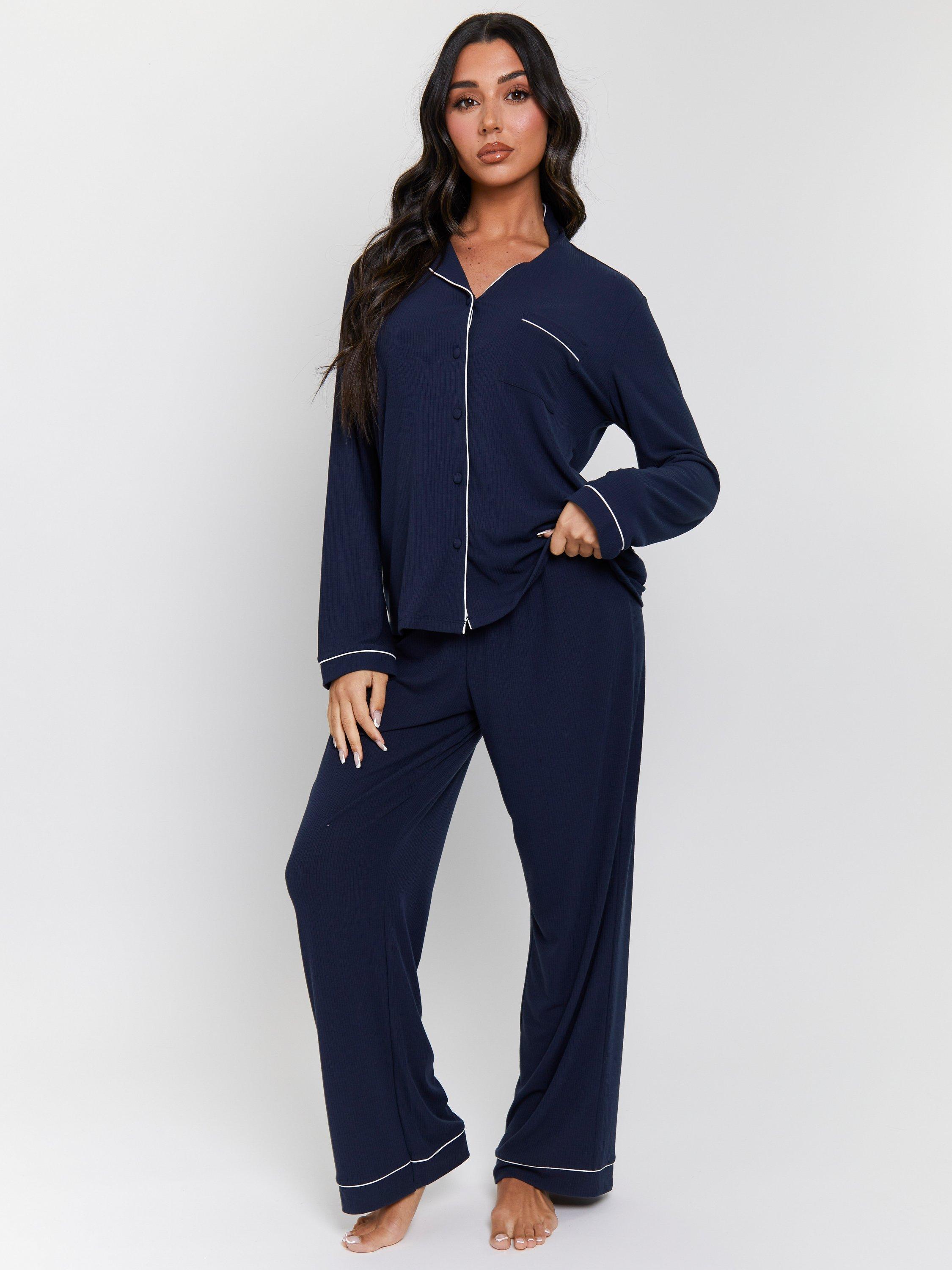 Product image 1 of 6, which shows Loungeable Ribbed Traditional Long Pyjama Set, Navy, XS