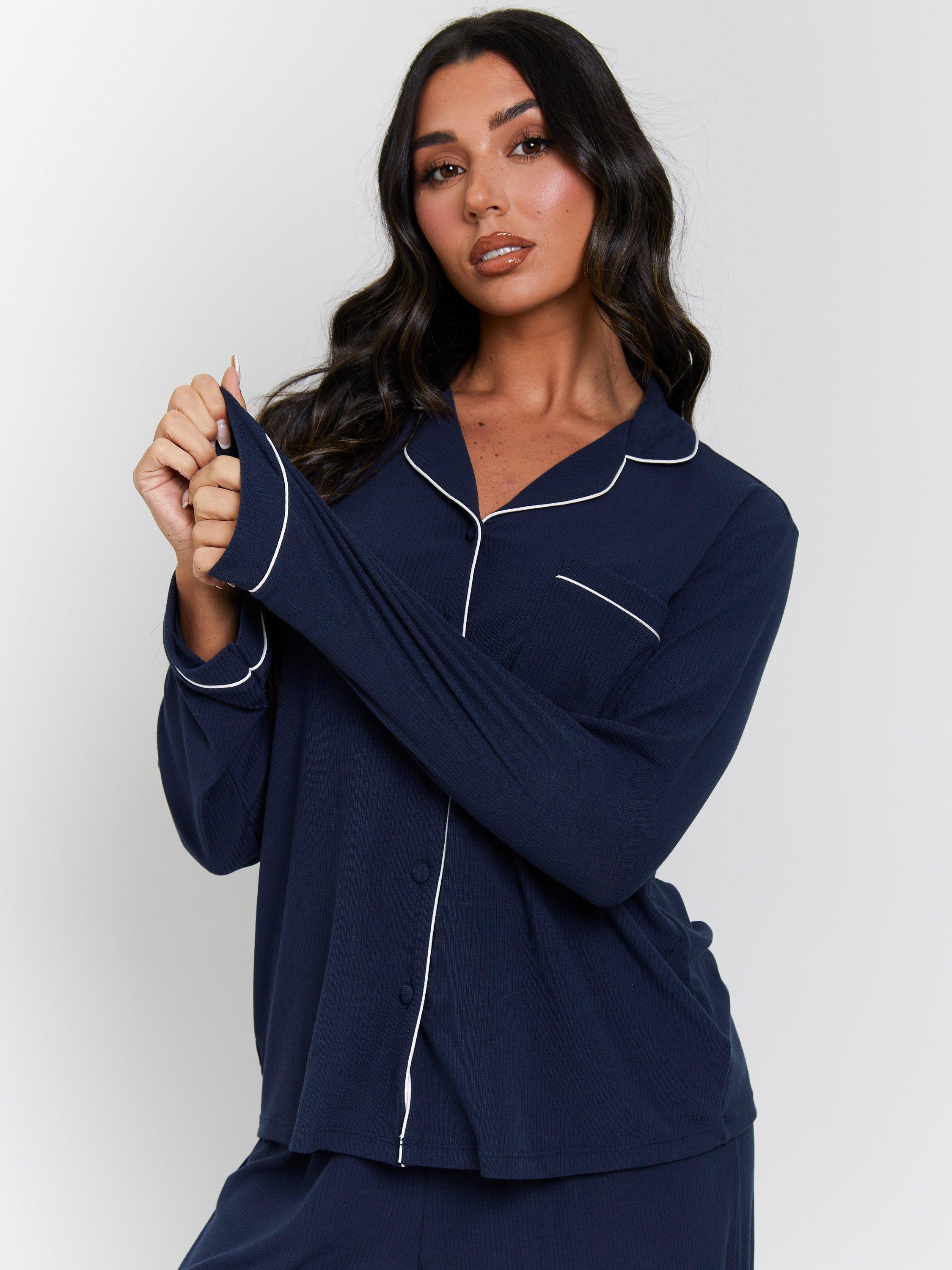 Product image 3 of 6, which shows Loungeable Ribbed Traditional Long Pyjama Set, Navy, XS